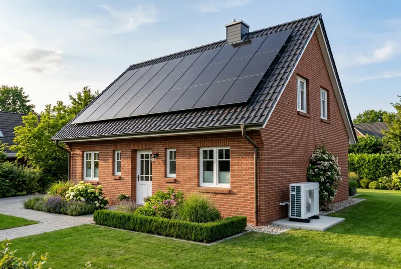 Symbolbild: Klinkerhaus mit Solarmodulen auf dem Dach und Wärmepumpe an der Hauswand