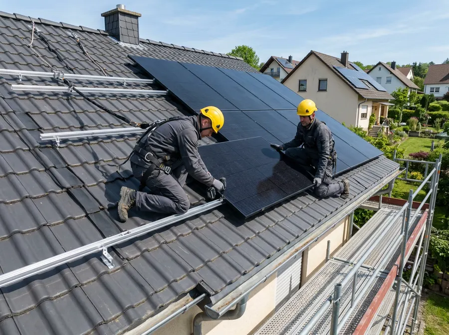 Symbolbild: Monteure installieren Solarmodule auf einem Ziegeldach