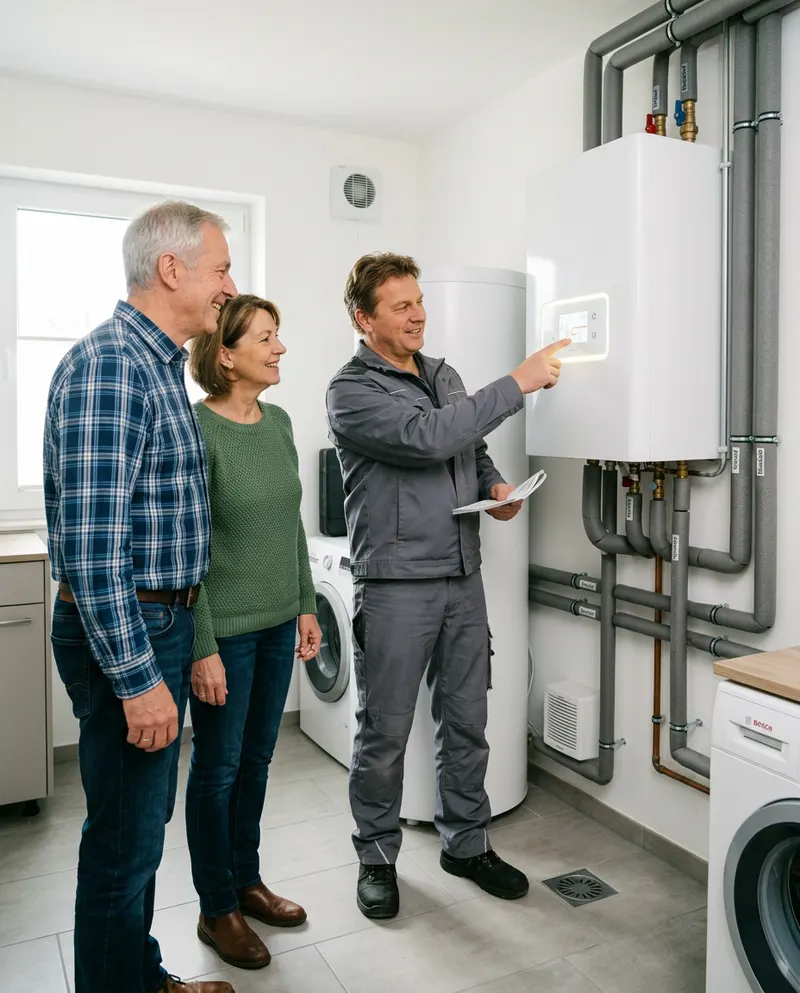 Symbolbild: Techniker erklärt Hausbesitzern die neue Wärmepumpe